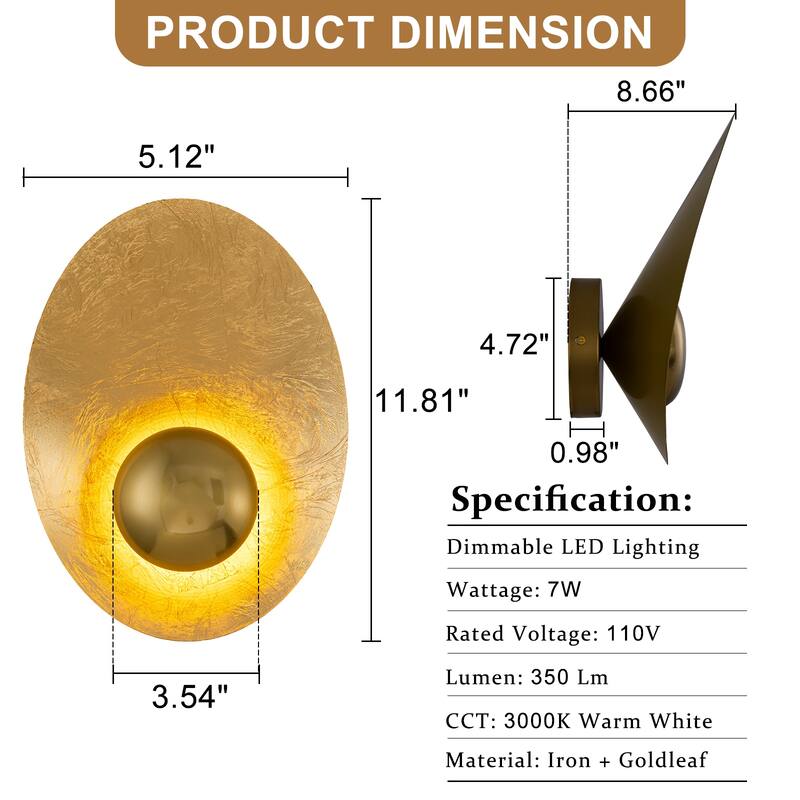 Gold Iron LED Wall Sconce with Interior Gold Leaf Finish Dimmable