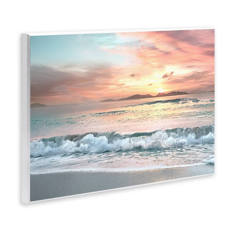 Stupell Morning Sunrise Beach Landscape Distant Mountains Rolling Tide Wood Wall Art - Orange