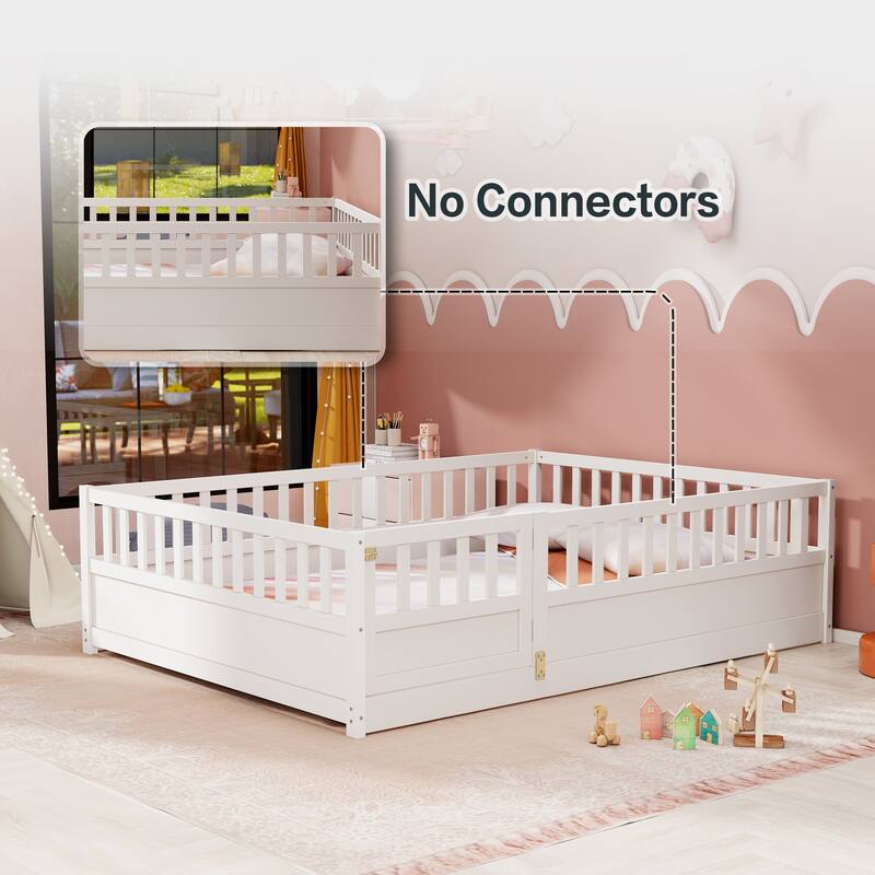 Full Size Pine Wood Floor Bed, Integral Construction with Super High Security Barrier, Door, Children's Floor Bed Frame