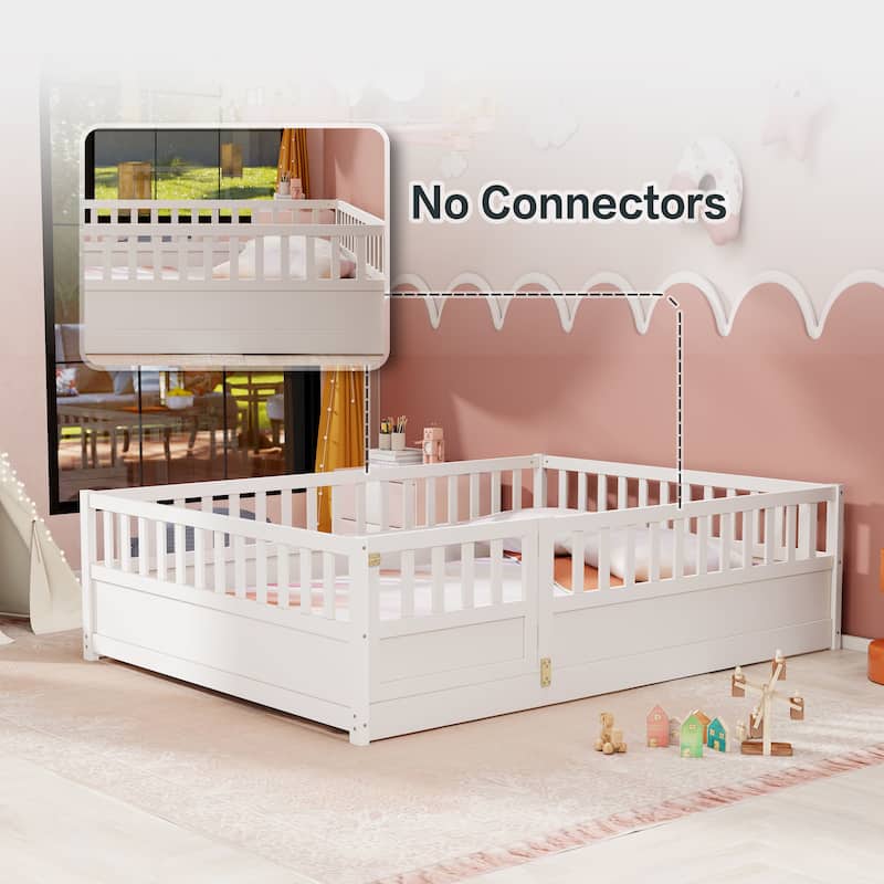 White Full Size Pine Wood Floor Bed, Integral Construction with Super High Security Barrier, Door, Children's Floor Bed Frame