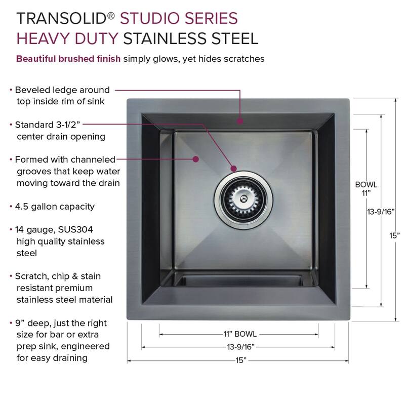 Transolid PUSB15159 Studio 15" Undermount Single Basin Stainless Steel