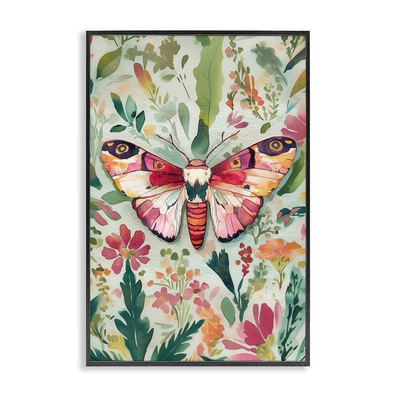 Stupell Butterfly over Abstract Flowers Framed Giclee Art Design By The Dutch Lady - 16 x 24 - Black