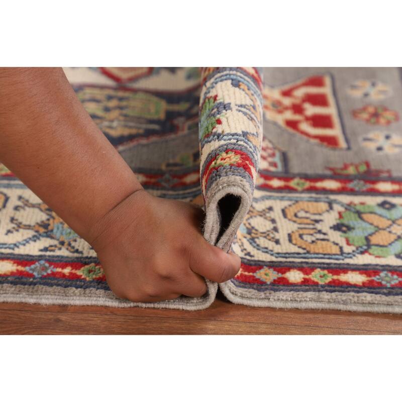 Geometric Kazak Accent Rug Handmade Grey Wool Carpet - 3'1" x 5'1"