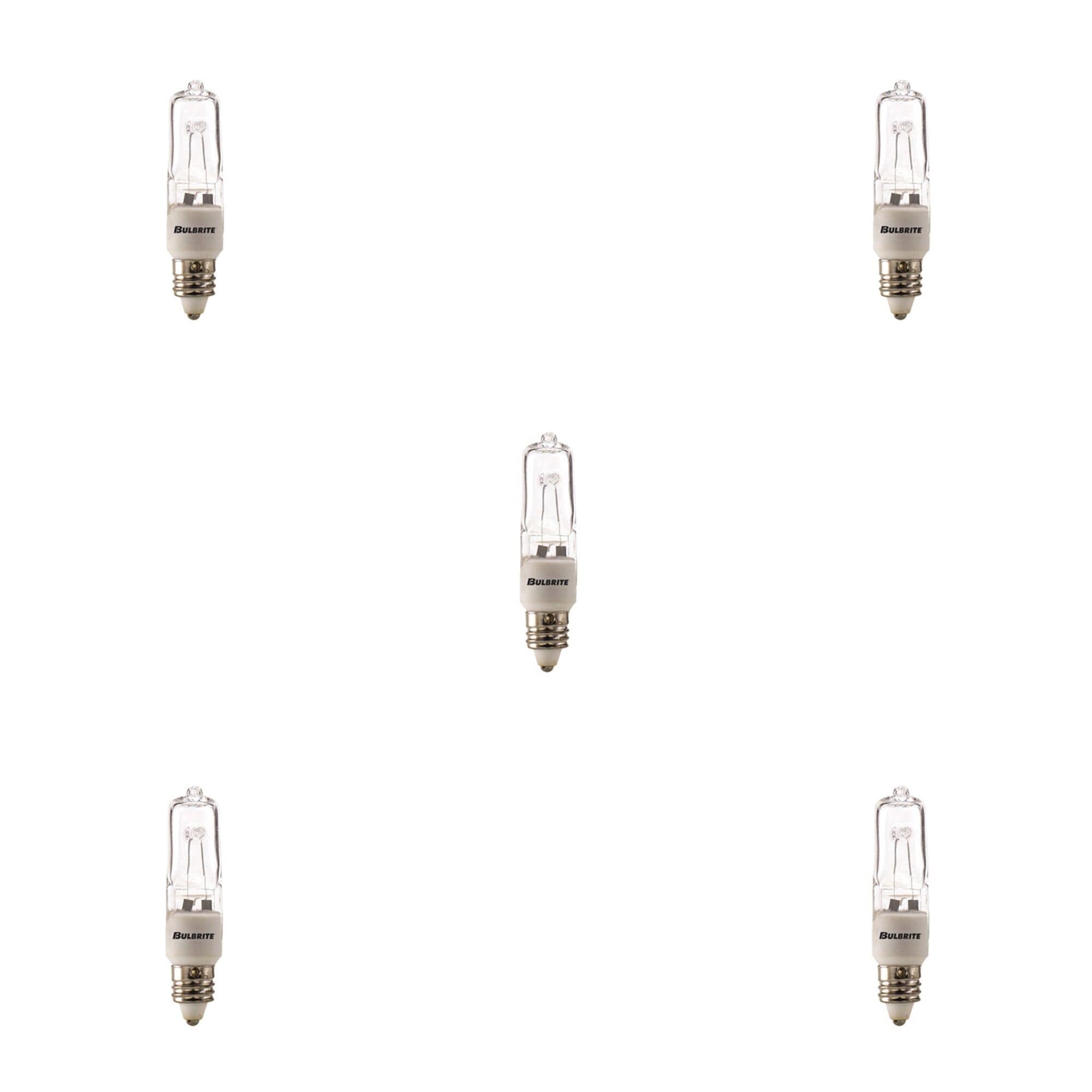 Bulbrite Pack of (5) 120V Dimmable Clear T4 Halogen Mini Light Bulbs with Mini-Candelabra (E11) Base