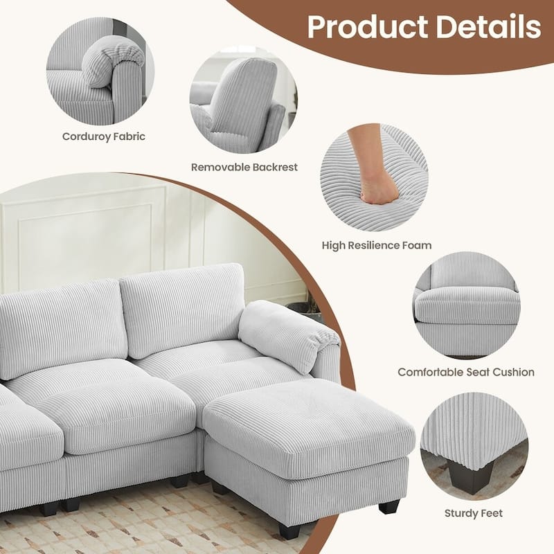 Modern Couduroy Overized Modular Sectional Sofa Couch with Ottoman for Living Room