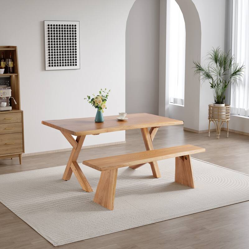 2-Piece Crossbuck Live Edge Dining Table Set with Bench