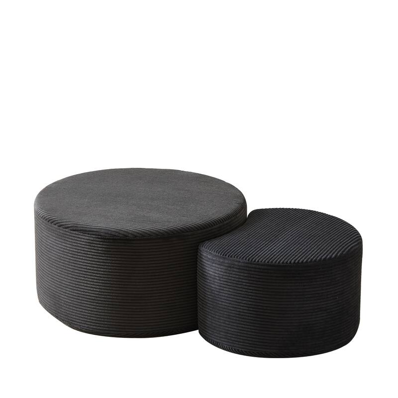 Nesting Tables Set of 2, Corduroy Upholstered Round Coffee Table and Crescent Moon Side Table Set of 2, End Tables Ottomans