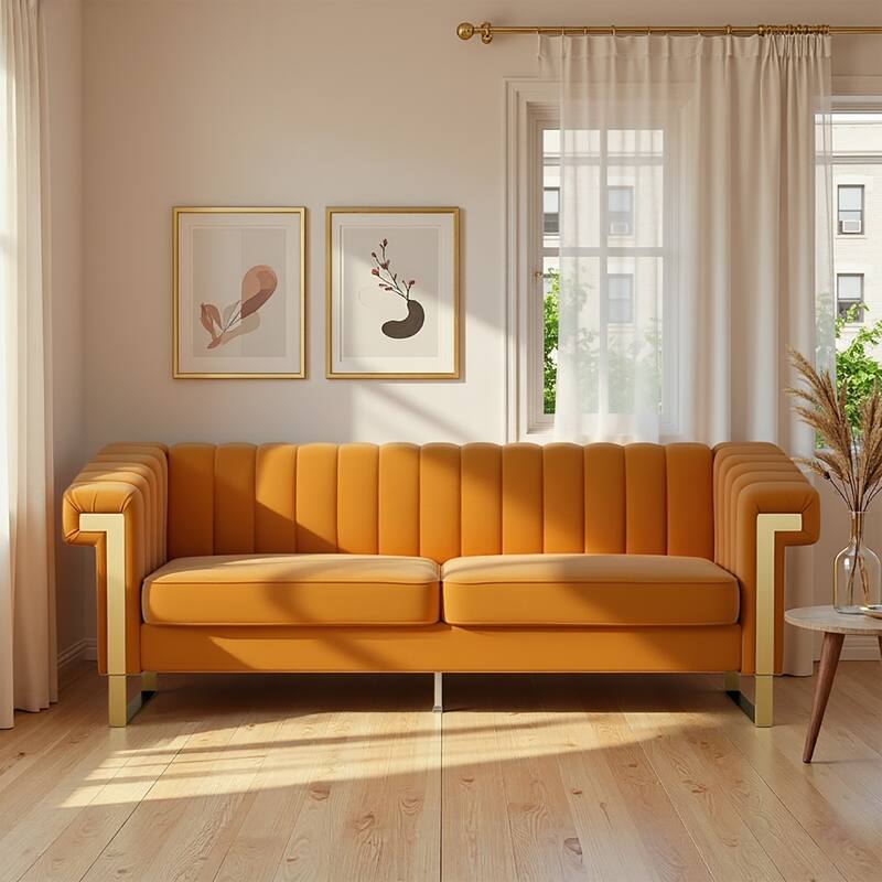 Velvet Sofa Couch for Living Room, Modern Loveseat Couch with Gold Accents, Apartment Chesterfield Sofa