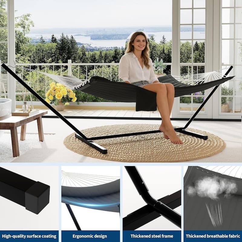 Portable Double Hammock with Stand for Outdoor Patio, Garden, Beach, Backyard, Max 450 Lbs Capacity