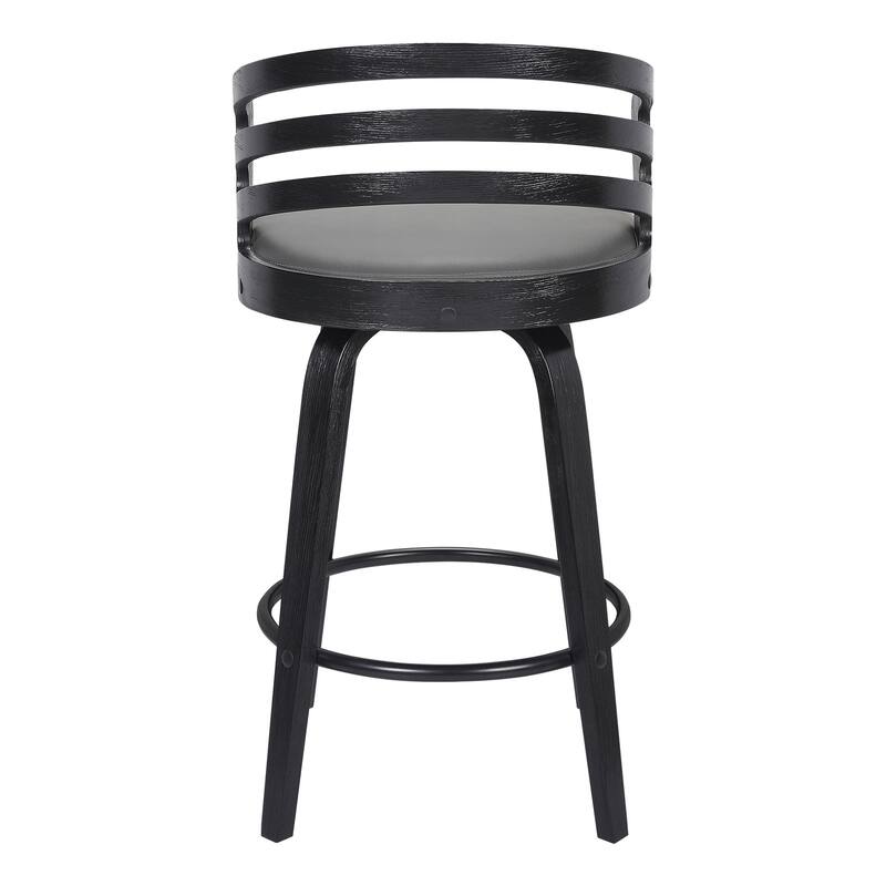 26 Inch Counter Height Swivel Bar Stool with Black Wood Frame and Grey Faux Leather Upholstered Seat