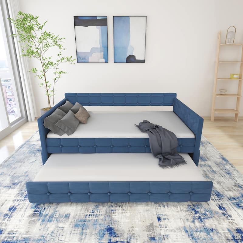Daybed with Trundle, Velvet Upholstered Twin Size Day Bed Pull-Point Sofa Daybed Frame w/Twin Trundle, No Box Spring Needed,Blue