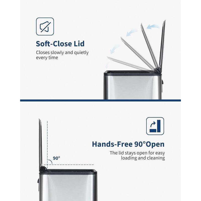 3.4-Gallon Rectangular Step Trash Can Stainless Steel with Soft-Close Lid and Removable Bucket Silver