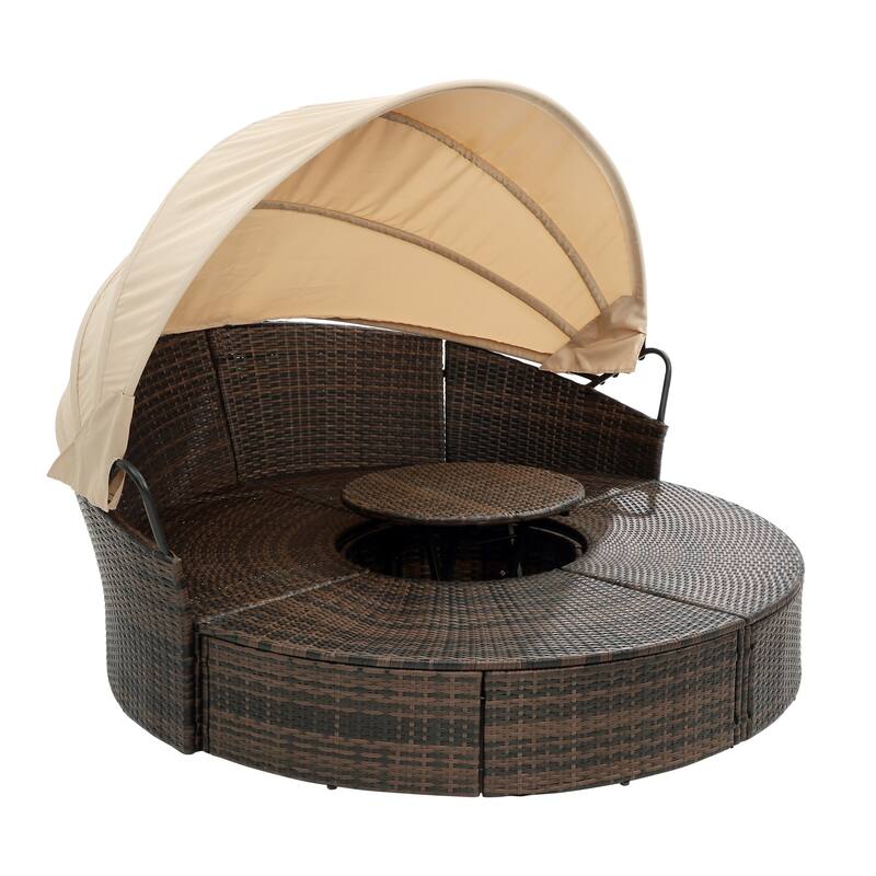 Round Outdoor Rattan Daybed with Adjustable Canopy, with Navy Cushions and Lift Coffee Table