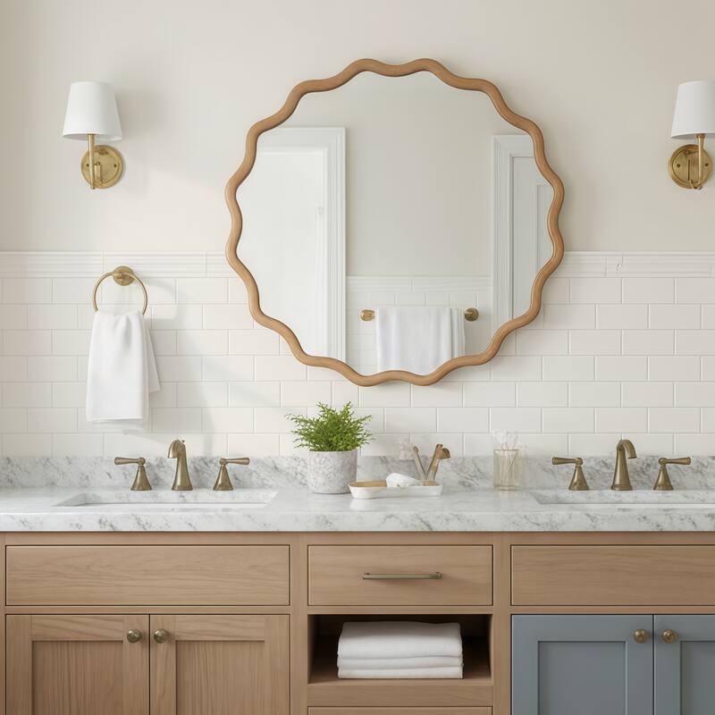 36 inch Wavy Round Solid Wood Frame Decorative Mirror,For Bedroom, Bathroom, Living Room, Entryway