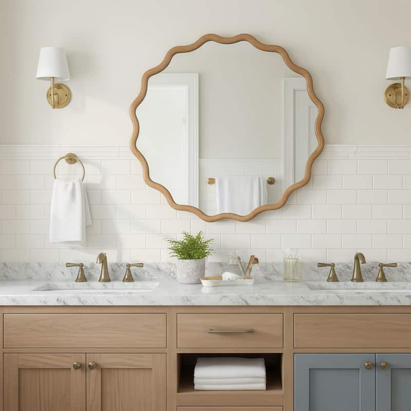 Wavy Round Solid Wood Frame Decorative Mirror Modern Farmhouse Wall Mirror For Bedroom Bathroom Living Room Entryway
