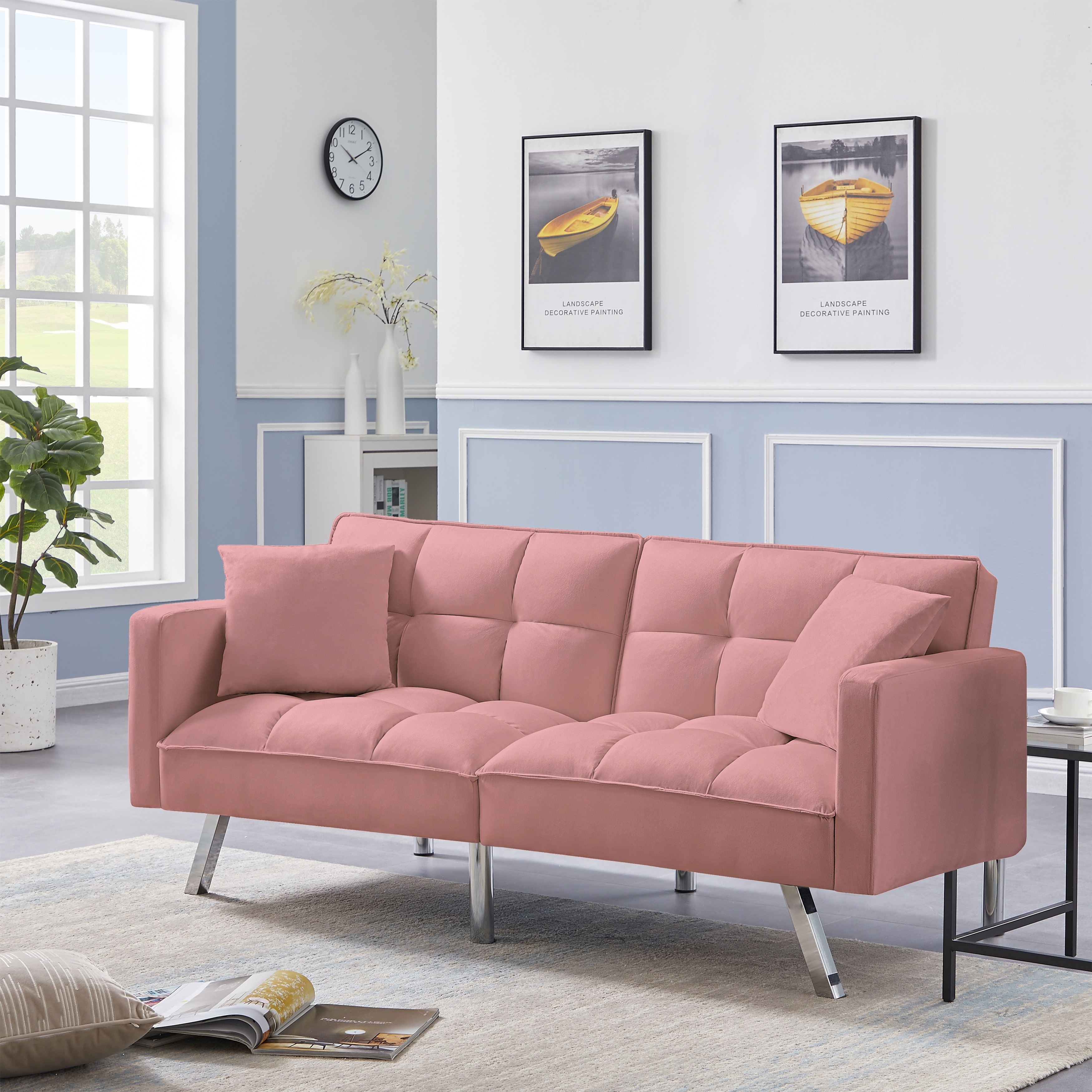 Plush Tufted Velvet Splitback Living Room Futon Brown Sleeper Couch w/ Pillows 