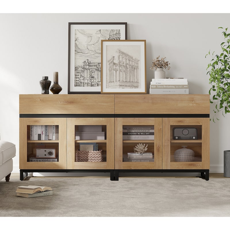 WAMPAT Modern TV Stand with Glass Doors for 110 inch TVs, Entertainment Center Console with 3 Drawers and Metal Base