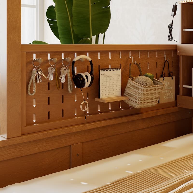 Kids Bunk Bed Frame with Integrated Shelving, Light Strip and Pegboard, Convertible into Floor Platform Bed and Low Loft Bed