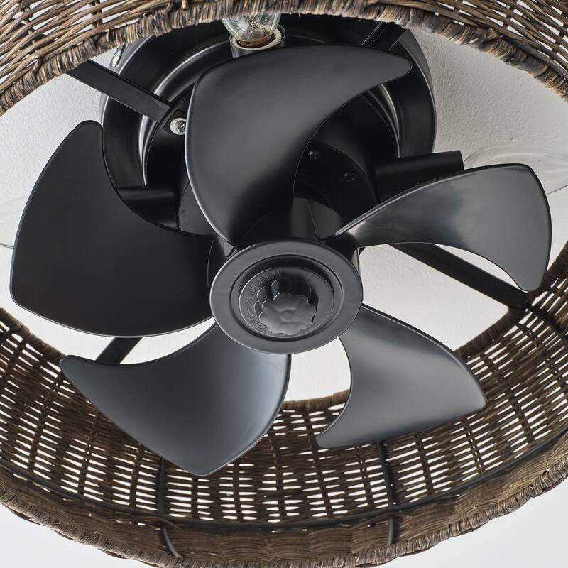 20-inch Boho Distressed Black Chandelier Flush Mount Ceiling Fan with Remote and Hand-Woven Rattan Shade - 19.7" W x 7.08" H