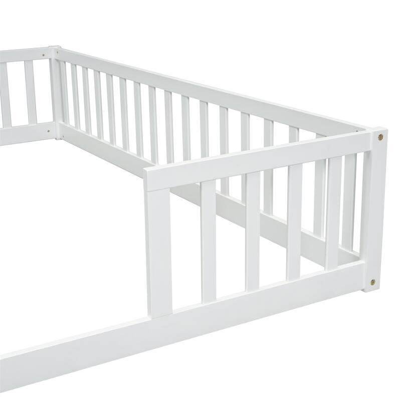 Double Twin Floor Bed with Fence, Guardrails, Without Door