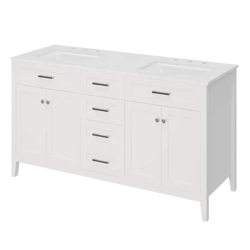 EROMMY All-in-One Bathroom Vanity with Ceramic Sink, Soft-Close Storage Cabinet & Drawer, Glossy Countertop, White