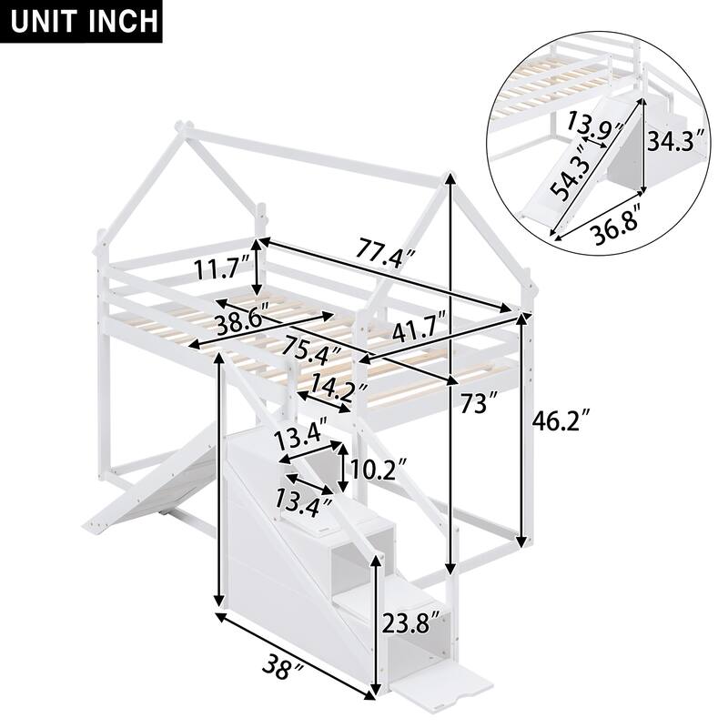 Roomfitters Twin over Twin House Loft or Bunk Bed with Slide, Staircase and Playful Roof Design
