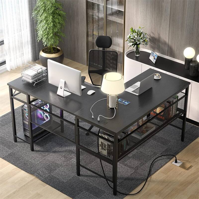 L Shaped Desk with USB Charging Port and Power Outlet