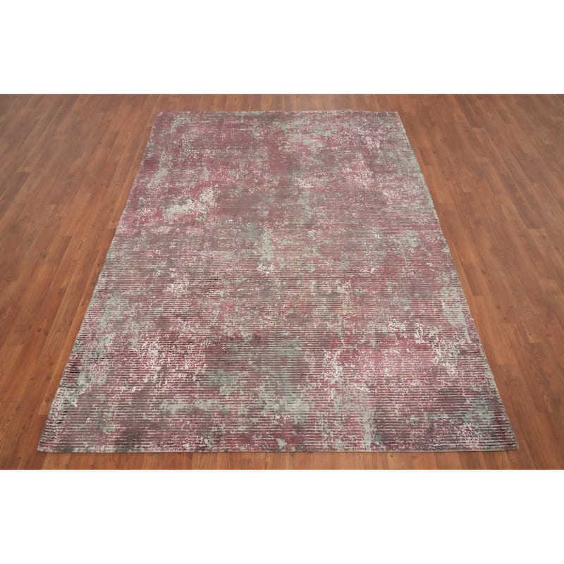 Hand Knotted Oriental Viscose Silk Carpet Modern All-Over Pink Abstract Area Rug - 7' 7'' X 5' 6''
