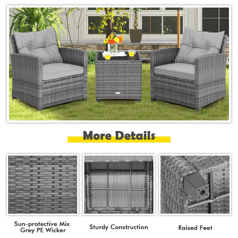 3PCS Patio Rattan Furniture Bistro Set Cushioned Sofas Side Table