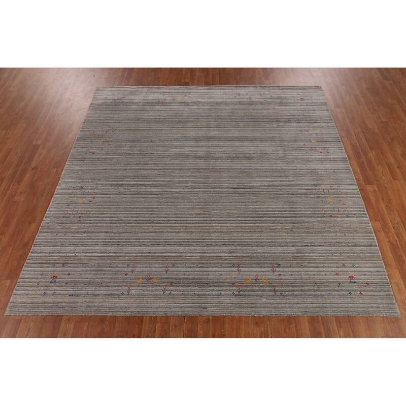 Earth Tone Striped Gabbeh Square Area Rug Hand-Knotted Wool Carpet - 8'0" X 7'10"