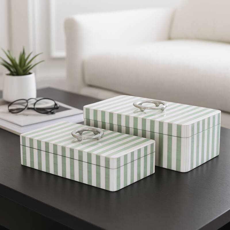 Resin Storage Boxes Striped Metallic Handles (Set of 2) - 5", 4" Green - 14" x 8" x 4.5" - Green - 14" x 8" x 4.5"
