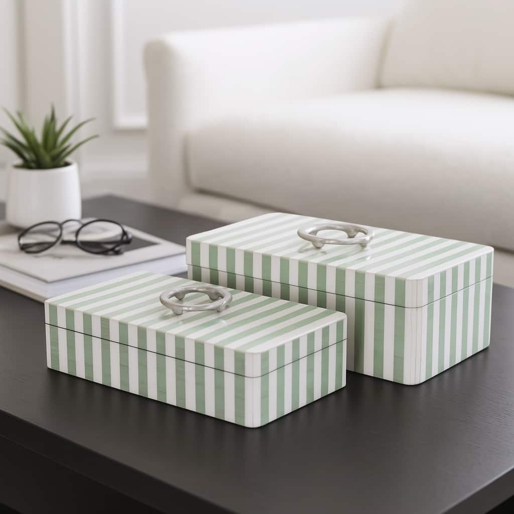 Resin Storage Boxes Striped Metallic Handles (Set of 2) - 5", 4" Green - 14" x 8" x 4.5"