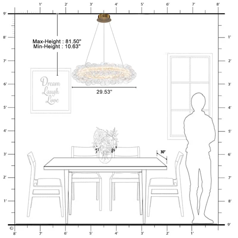 Crystal Bead LED Chandelier with Glass Globe, Adjustable