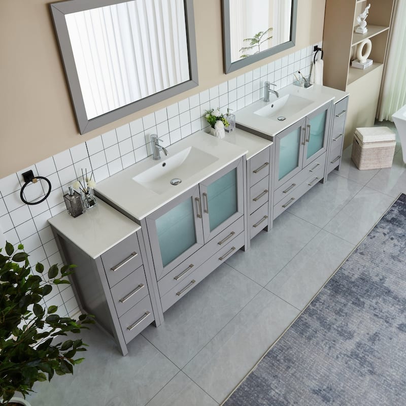 Vanity Art 108" Double Sink Bathroom Vanity Set 13 Dove-Tailed Drawers 3 Cabinets 2 Shelves Soft-Closing Doors with Free Mirror