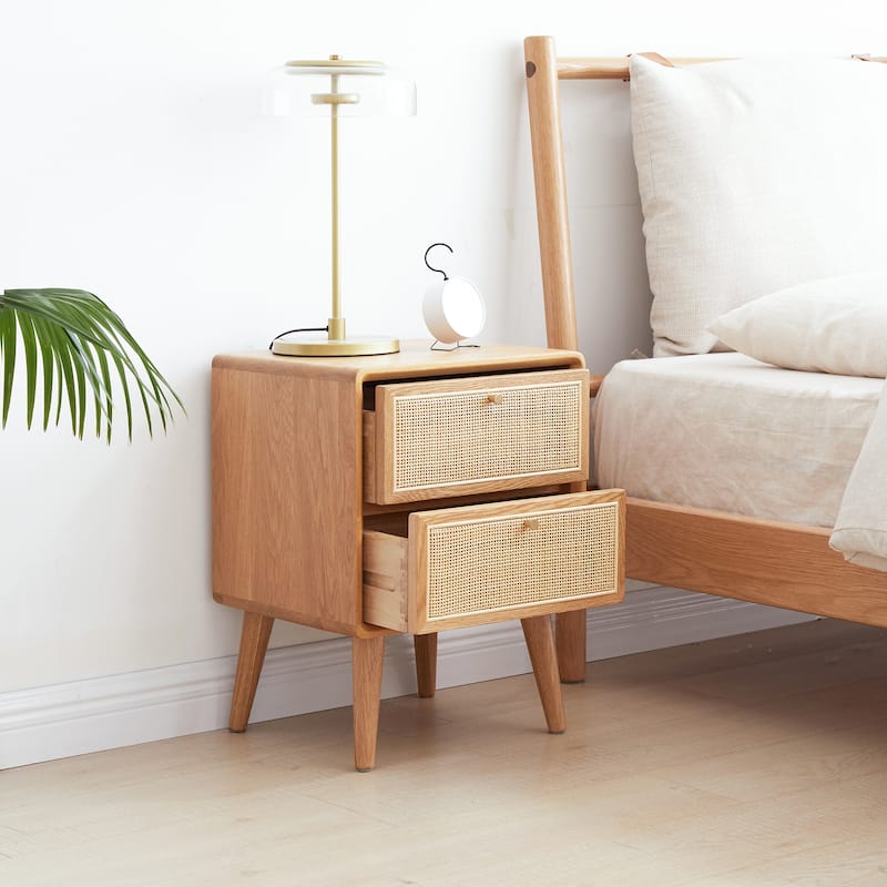 Christopher Knight Home - Maja Solid Oak Nightstand with Handmade Rattan Drawer and Tall Legs, 15.75" Wide Storage Cabinet - Natural