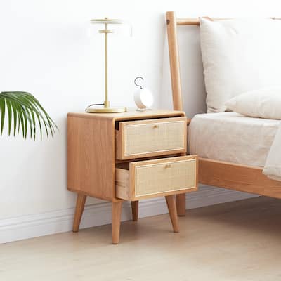 Christopher Knight Home - Maja Solid Oak Nightstand with Handmade Rattan Drawer and Tall Legs, 15.75" Wide Storage Cabinet