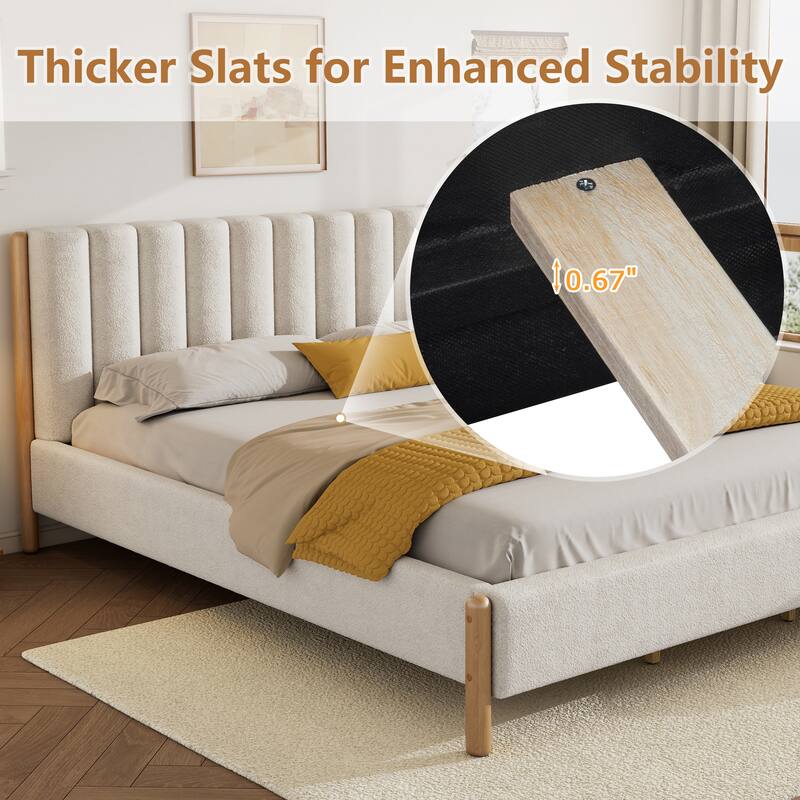 Boucle Upholstered Frame Bed, Vertical Stripes Thick Headboard Wingback Bed with Wood Slat Solid Wood Legs Support Platform Bed