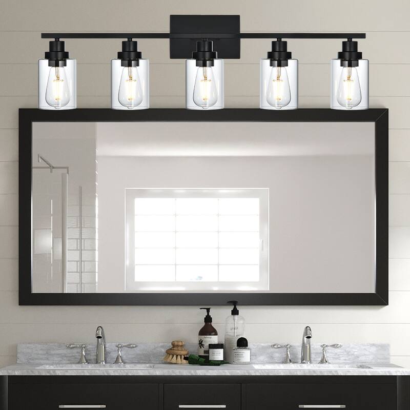 5-Light Wall Light Black Bathroom Vanity Lights, E26 Modern Bathroom Light Fixtures with Clear Glass Shade, Sconces Wall Lights - Black