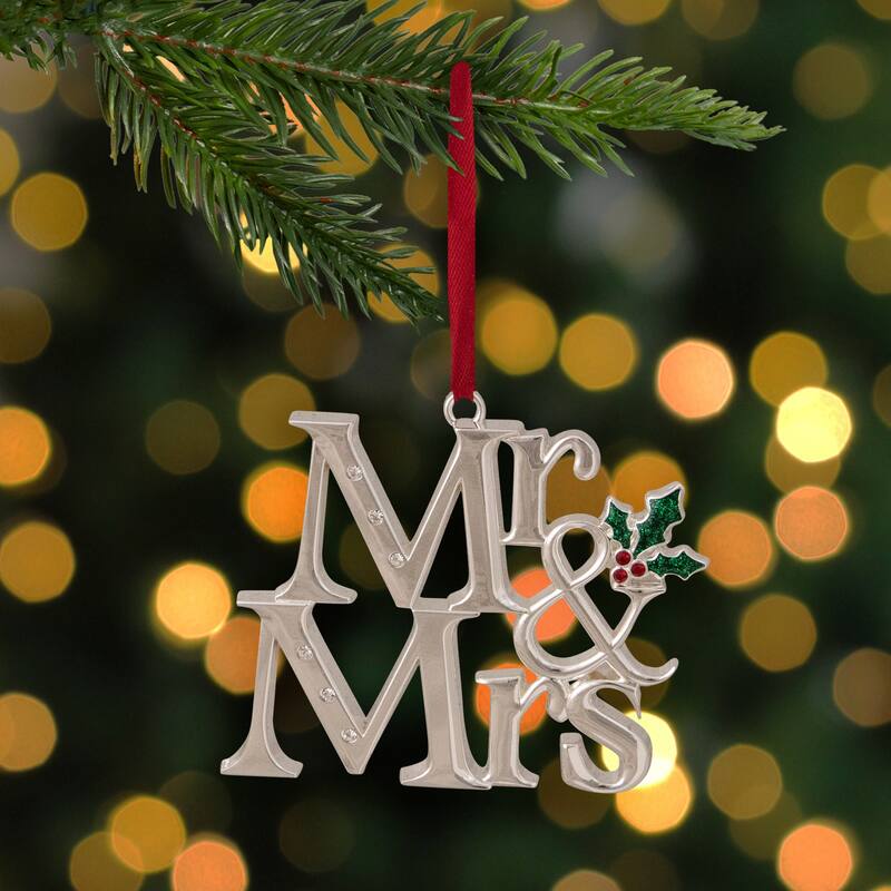3.75" Silver-Plated "Mr and Mrs" Christmas Ornament with European Crystals