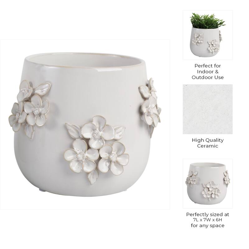 Ceramic Planter Raised Floral Detailing Glossy Decorative Display