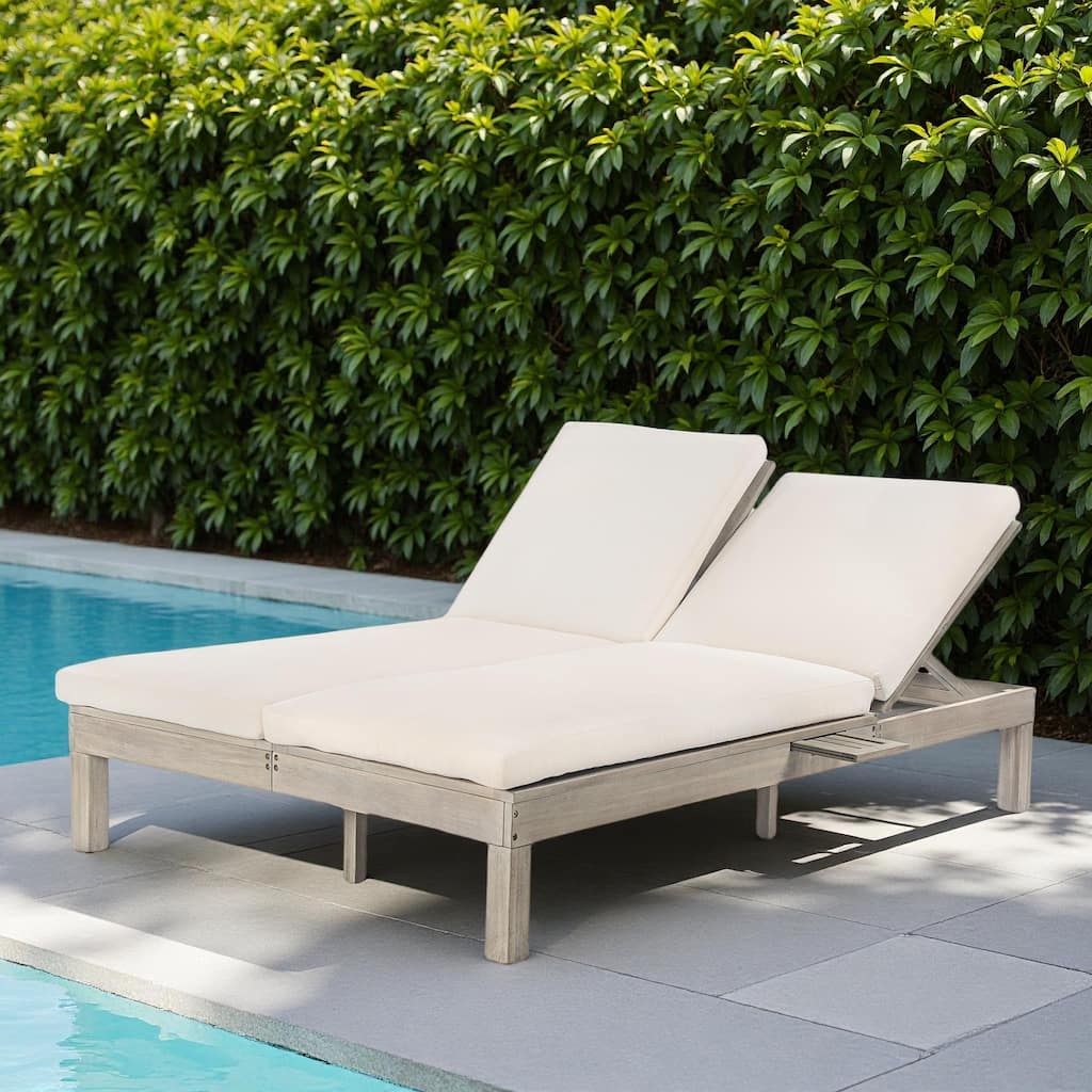 Outdoor Patio Acacia Wood Double Daybed Sunbed with Adjustable Backrest and Folding Side Trays