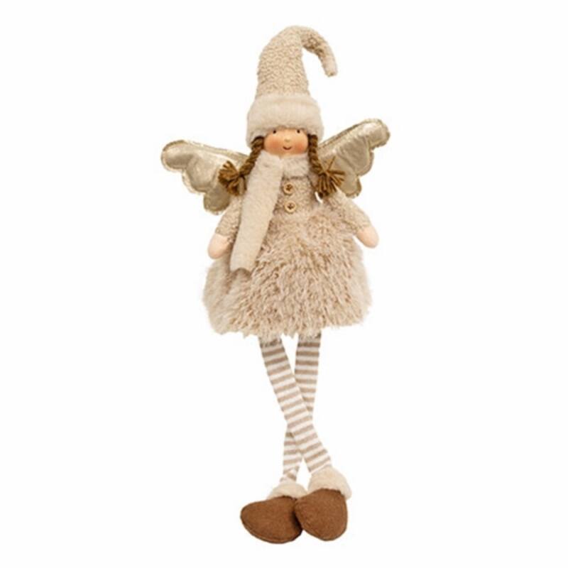 Plush Dangle Leg Angel Decor with Cozy Dress and Wooden Buttons for Shelf or Table Display - 28" H x 10" W x 5" D