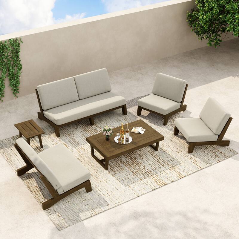 8-Piece Outdoor Sofa Set with Loveseat, 2 Club Chairs & Matching Tables - Light Camel/Brown Wood - Whole cushion