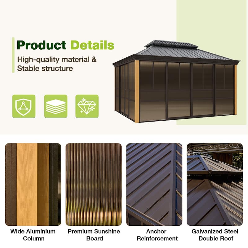 Outdoor Solarium Sunroom,Patio Hardtop Gazebo,All-Season Aluminum Patio Gazebo with with Sliding Doors and Screens