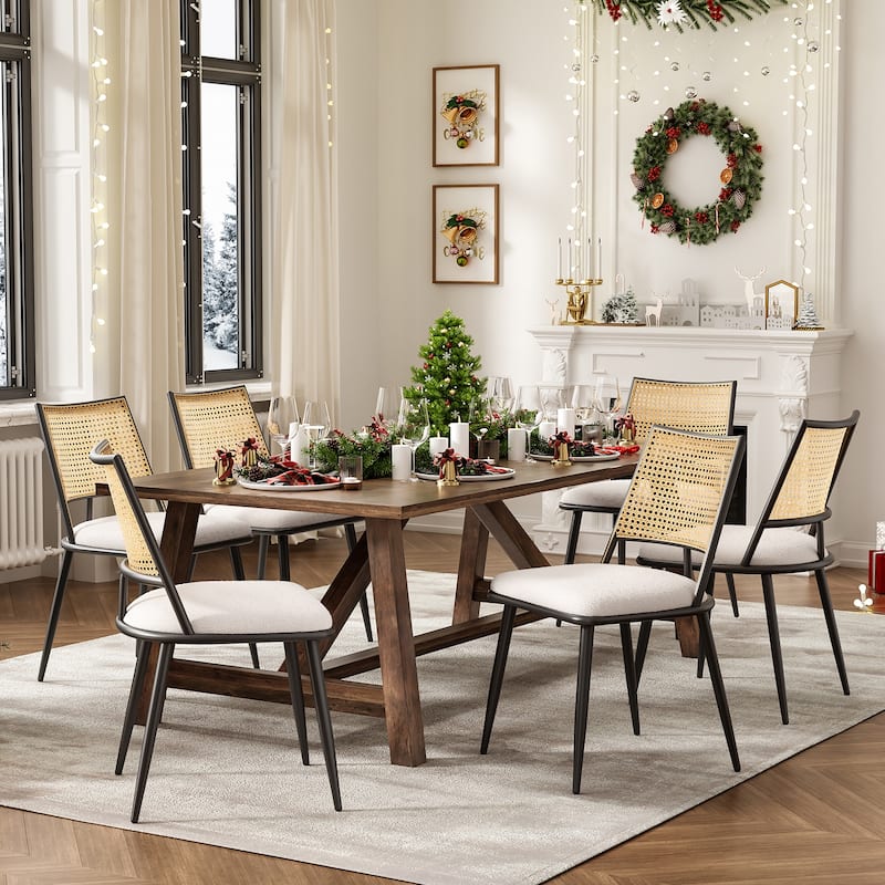 Dining Chairs Set of 2, Mid-Century Modern Kitchen Chairs with Rattan Backrest & Metal Frame, Boucle Upholstered Accent Chairs
