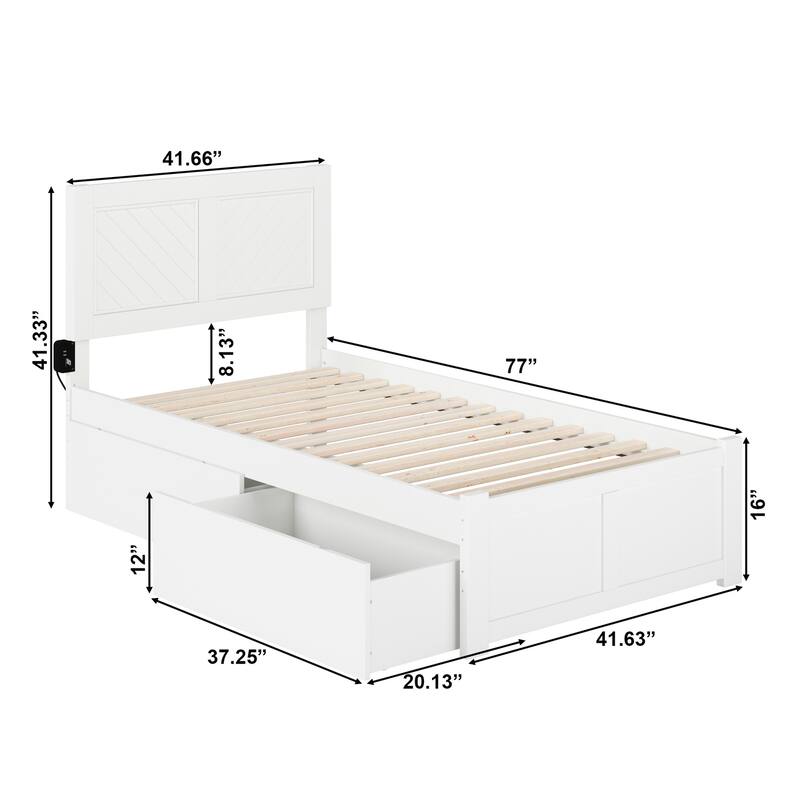 Twin Storage Platform Bed - White Wood Frame, 2 Drawers, USB Charger, Rustic Design