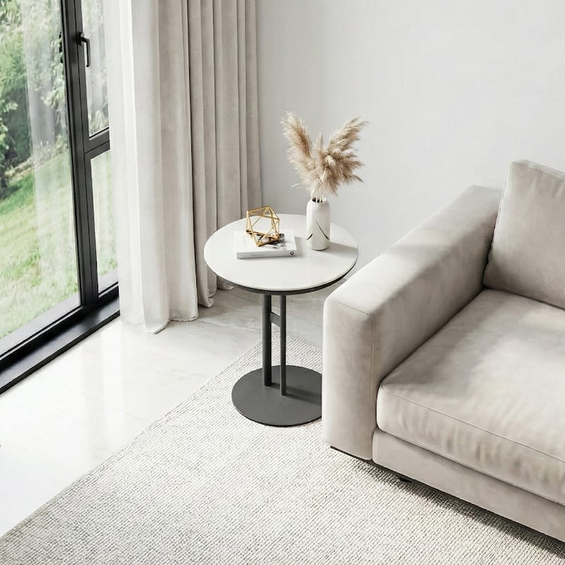 Modern Round Side Table - Gray Leather Tabletop with Black Metal Frame - Leather - Grey