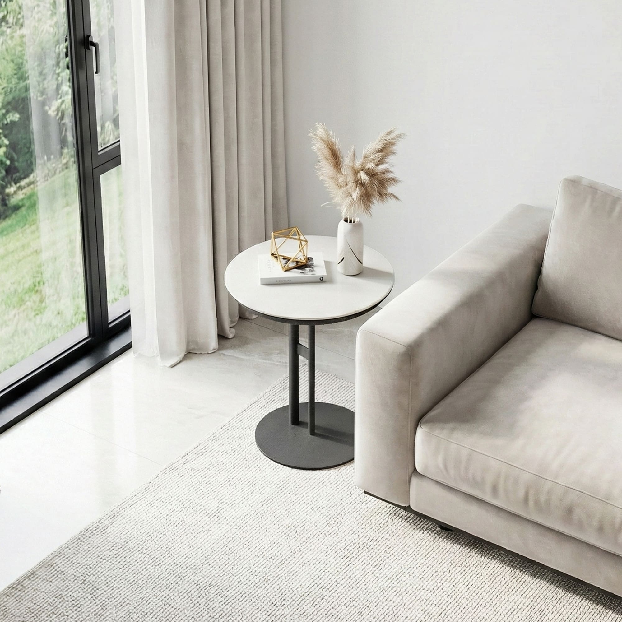 Modern Round Side Table - Gray Leather Tabletop with Black Metal Frame