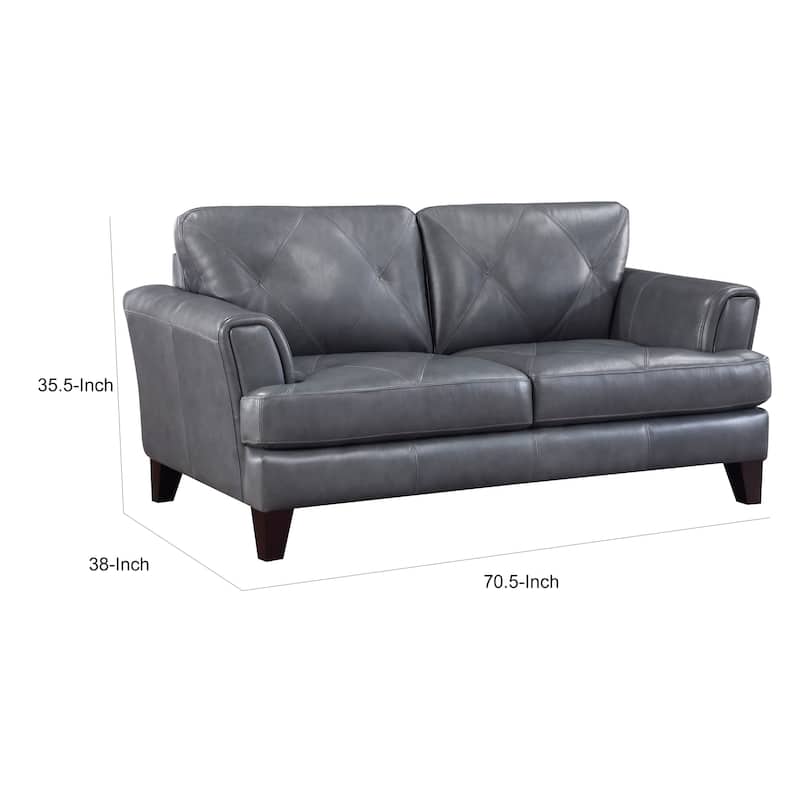 Lisa 71 Inch Loveseat, Gray Top Grain and Split Leather Brown Solid Wood