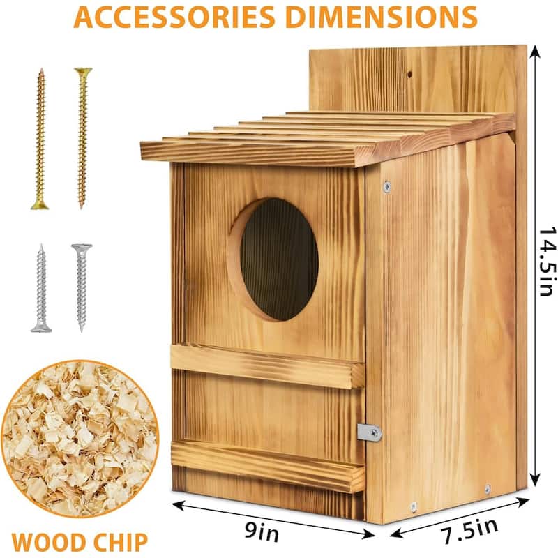 Brown Wood Outdoor Screech Birdhouse with Ventilation and Scratching Pole - 9 x 7.5 x 14.5 inches (L x W x H)